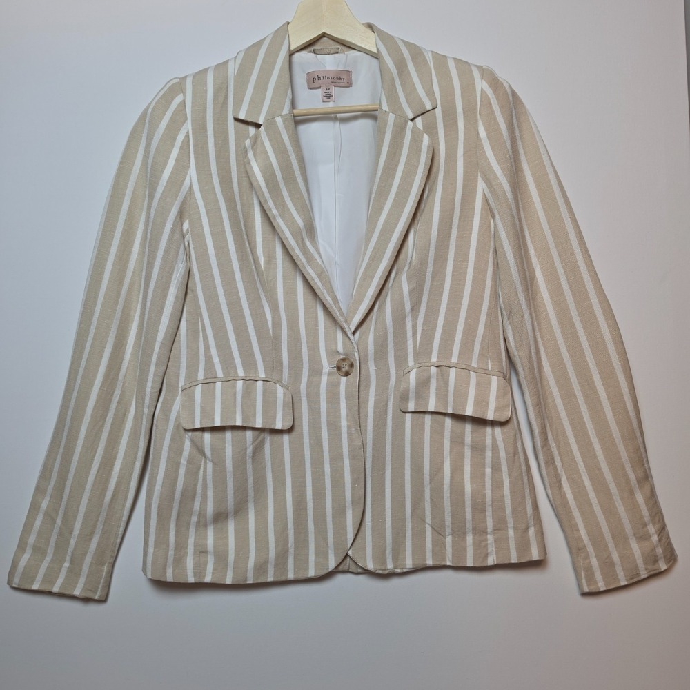 Philosophy Striped Linen Blend Single Button Blazer Tan White Size Small